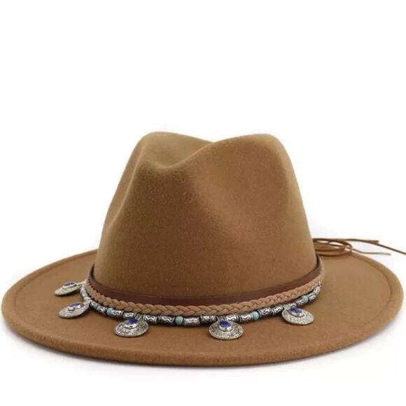 Tan Multicolor Metal Medallion Band Boho Western Wide Brim Fedora Hat NEW - Picture 1 of 4